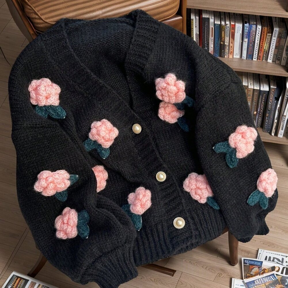 Black Casual Women's 3D Floral Knit Loose Fit Boho Cardigan
